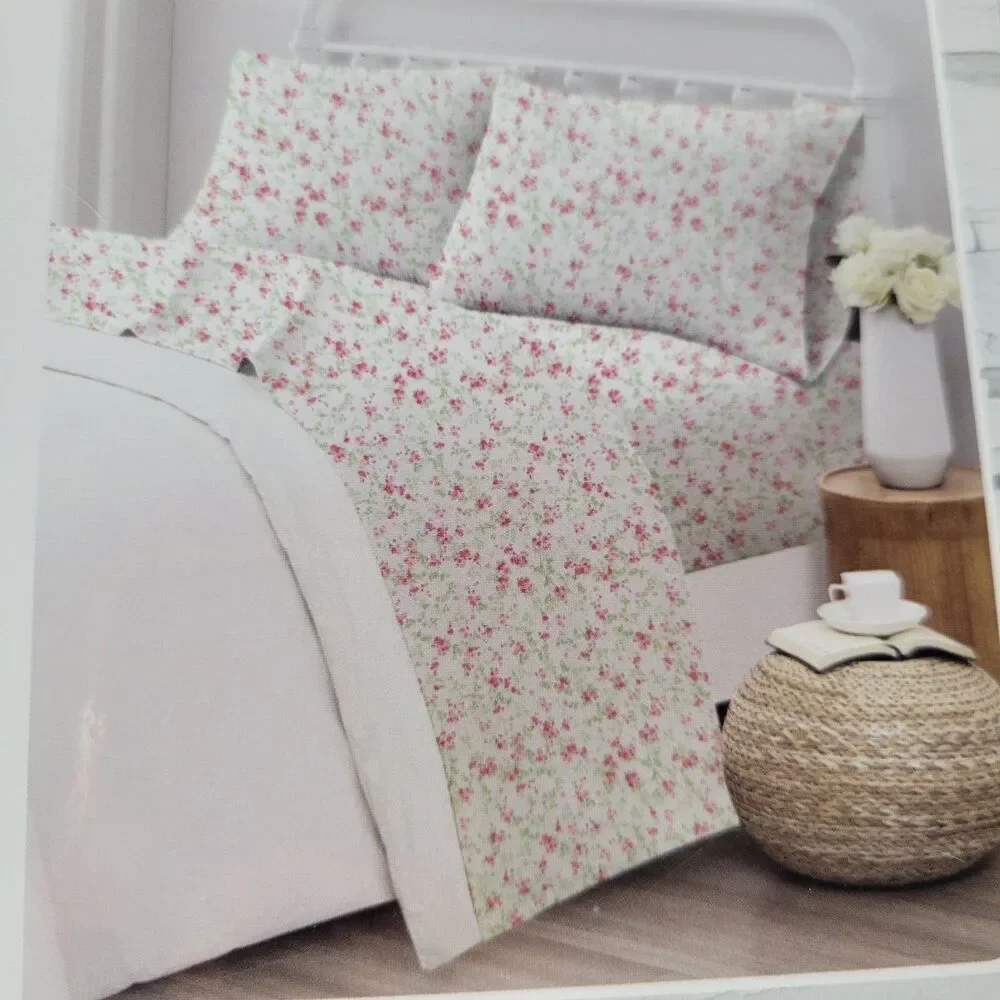 R Ashwell Farmhouse Shabby Chic FULL Sheet Set 4p White Pink Green Floral Cotton